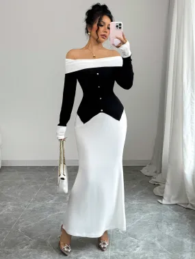 2pcs Women's Black And White Contrast Color Block Design Elegant Off Shoulder Long Sleeve Knit Sweater Top And Fitted Solid Color Mini Skirt Set, Spring/Autumn