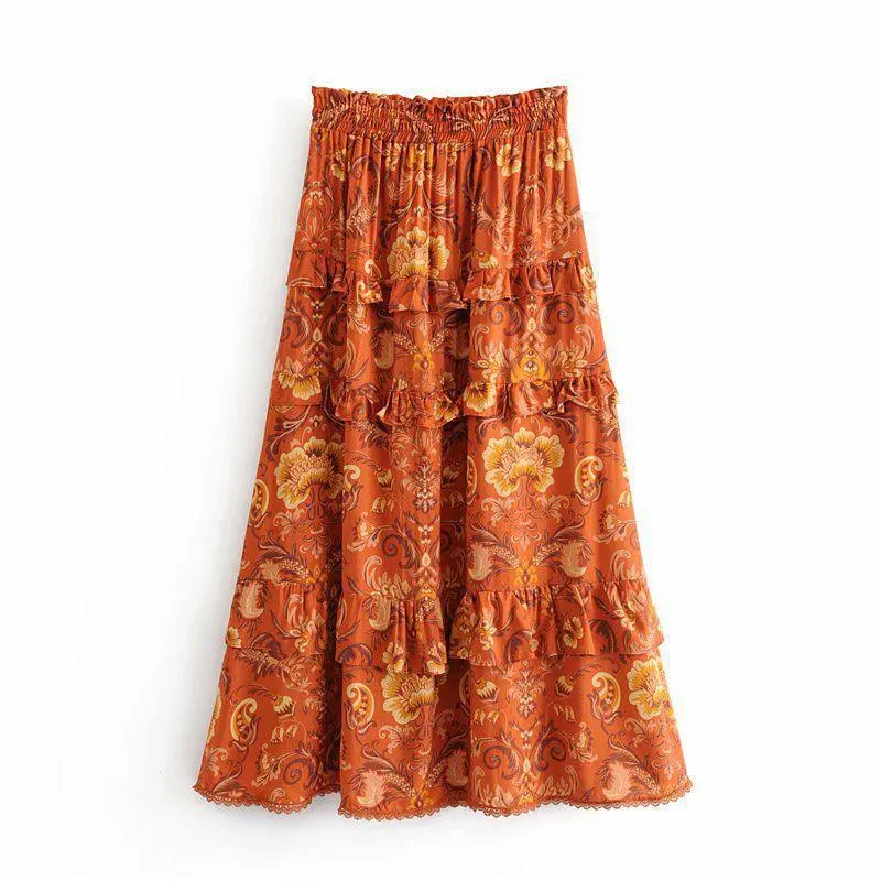 90s Fashion Retro Elastic Waist Paisley Ruffle Midi Skirt