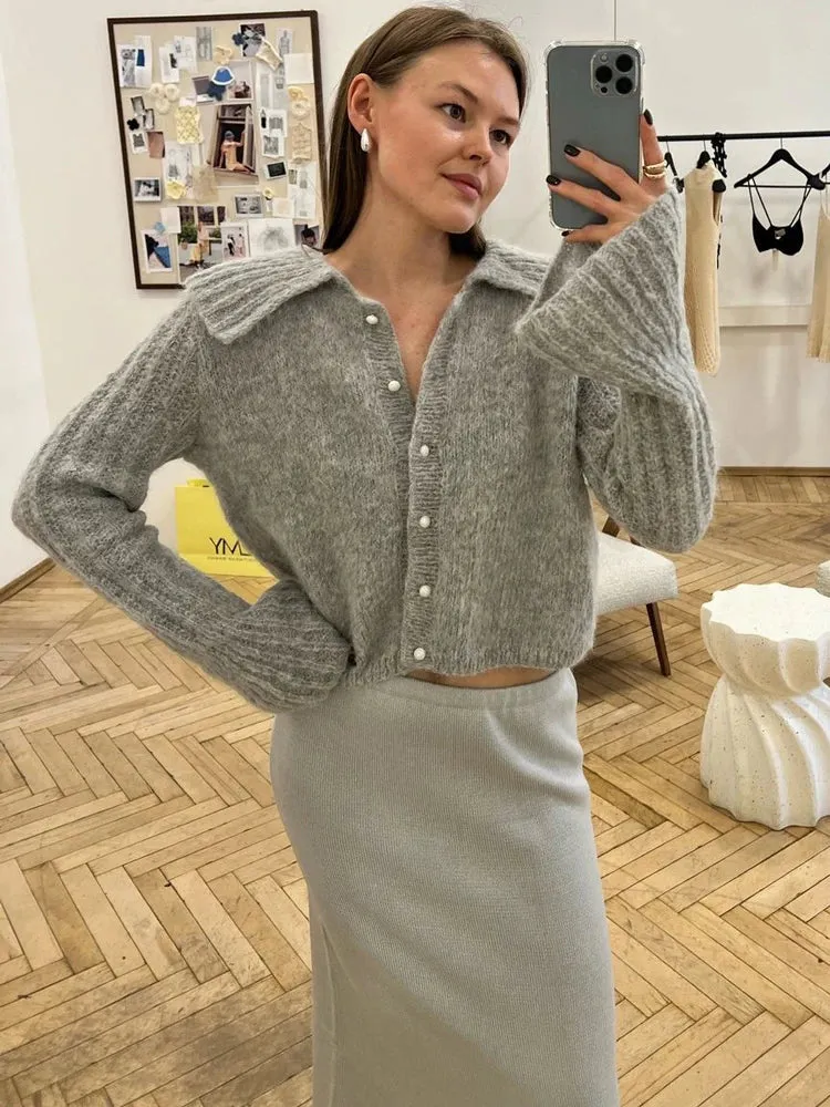 Amozae Knit Sweater Cardigan Outwear Women's Lapel Long Sleeve Patchwork High Waist Cropped Top Streetwear Female Knitwear Coat