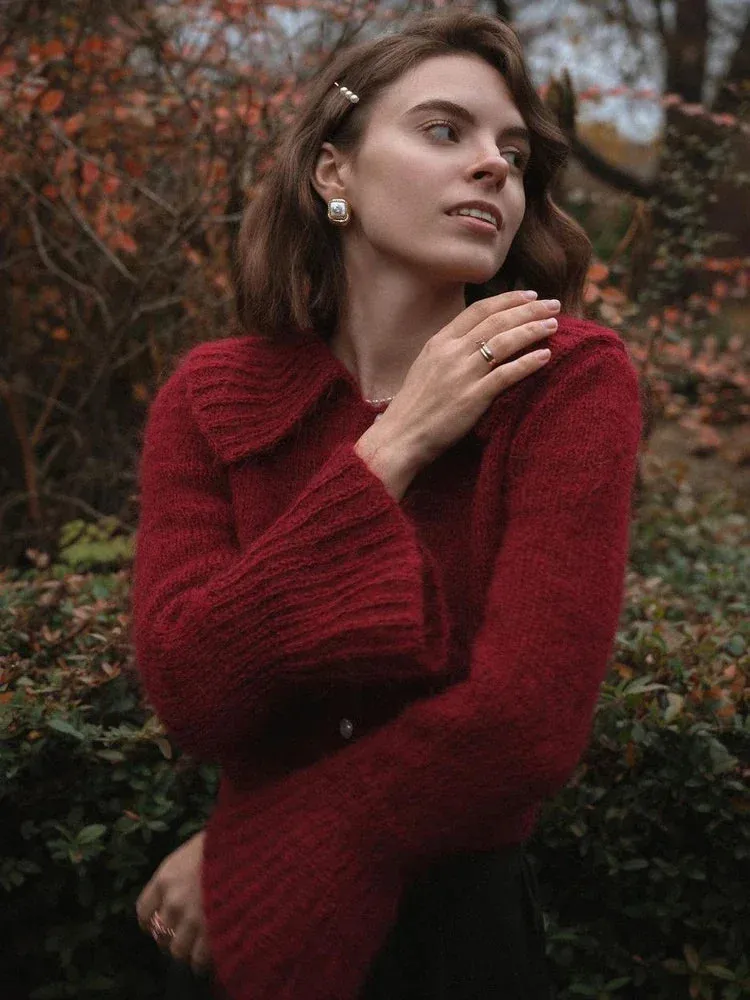 Amozae Knit Sweater Cardigan Outwear Women's Lapel Long Sleeve Patchwork High Waist Cropped Top Streetwear Female Knitwear Coat