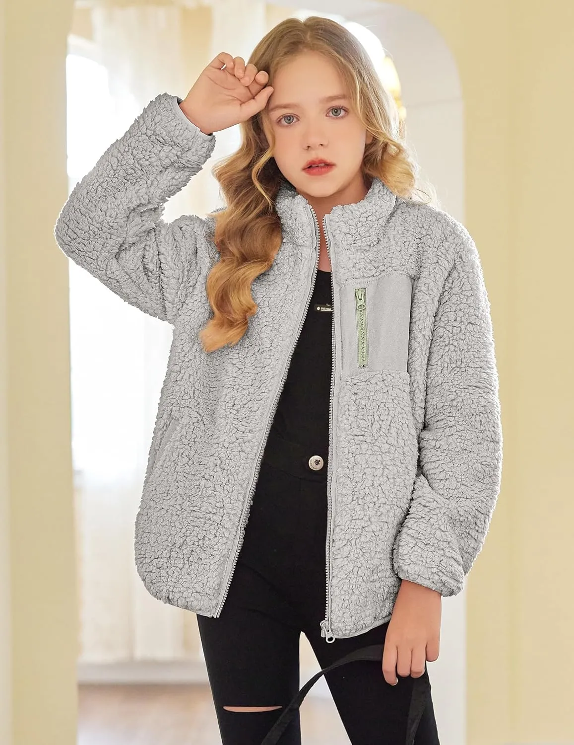Arshiner Girls Fleece Jacket Sherpa Fall Winter Full Zip Fuzzy Coat