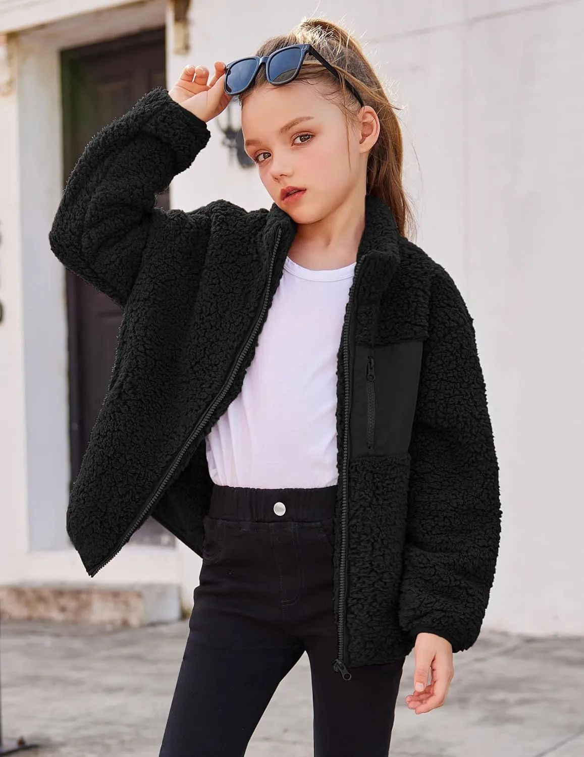 Arshiner Girls Fleece Jacket Sherpa Fall Winter Full Zip Fuzzy Coat