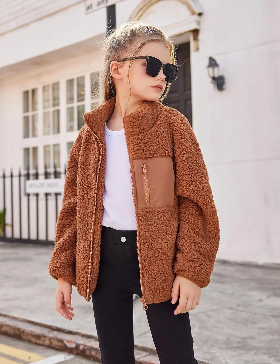 Arshiner Girls Fleece Jacket Sherpa Fall Winter Full Zip Fuzzy Coat