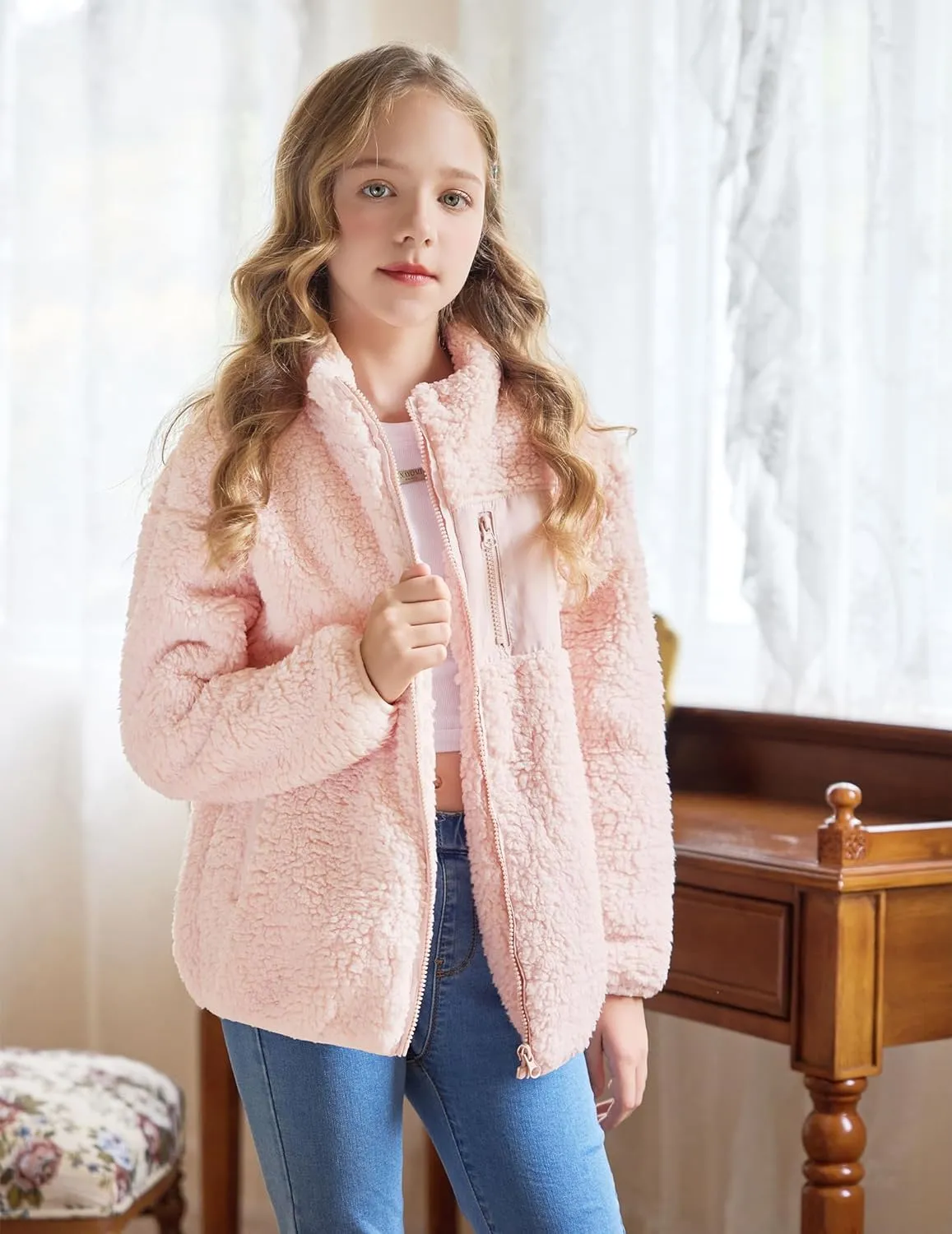 Arshiner Girls Fleece Jacket Sherpa Fall Winter Full Zip Fuzzy Coat