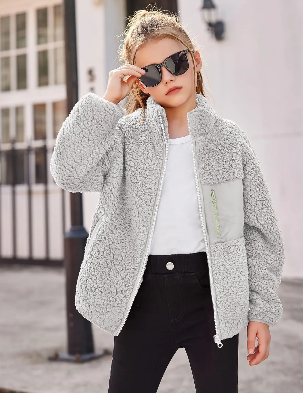 Arshiner Girls Fleece Jacket Sherpa Fall Winter Full Zip Fuzzy Coat