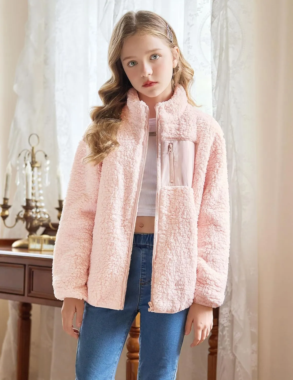 Arshiner Girls Fleece Jacket Sherpa Fall Winter Full Zip Fuzzy Coat