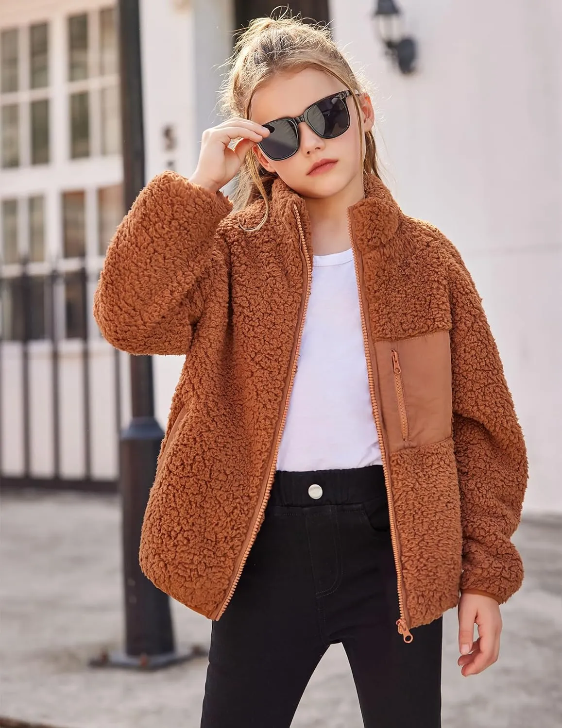 Arshiner Girls Fleece Jacket Sherpa Fall Winter Full Zip Fuzzy Coat