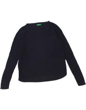 BENETTON Womens Crop Boat Neck Jumper Sweater UK 12 Medium Navy Blue