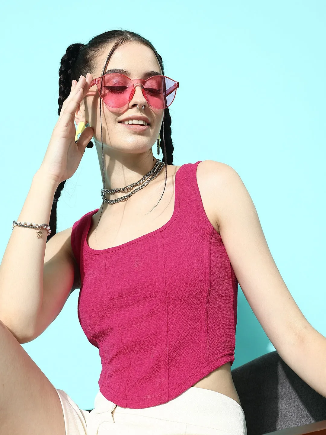 Berrylush Women Solid Pink Square Neck Sleeveless Cotton Hanky Hem Cropped Tank Top