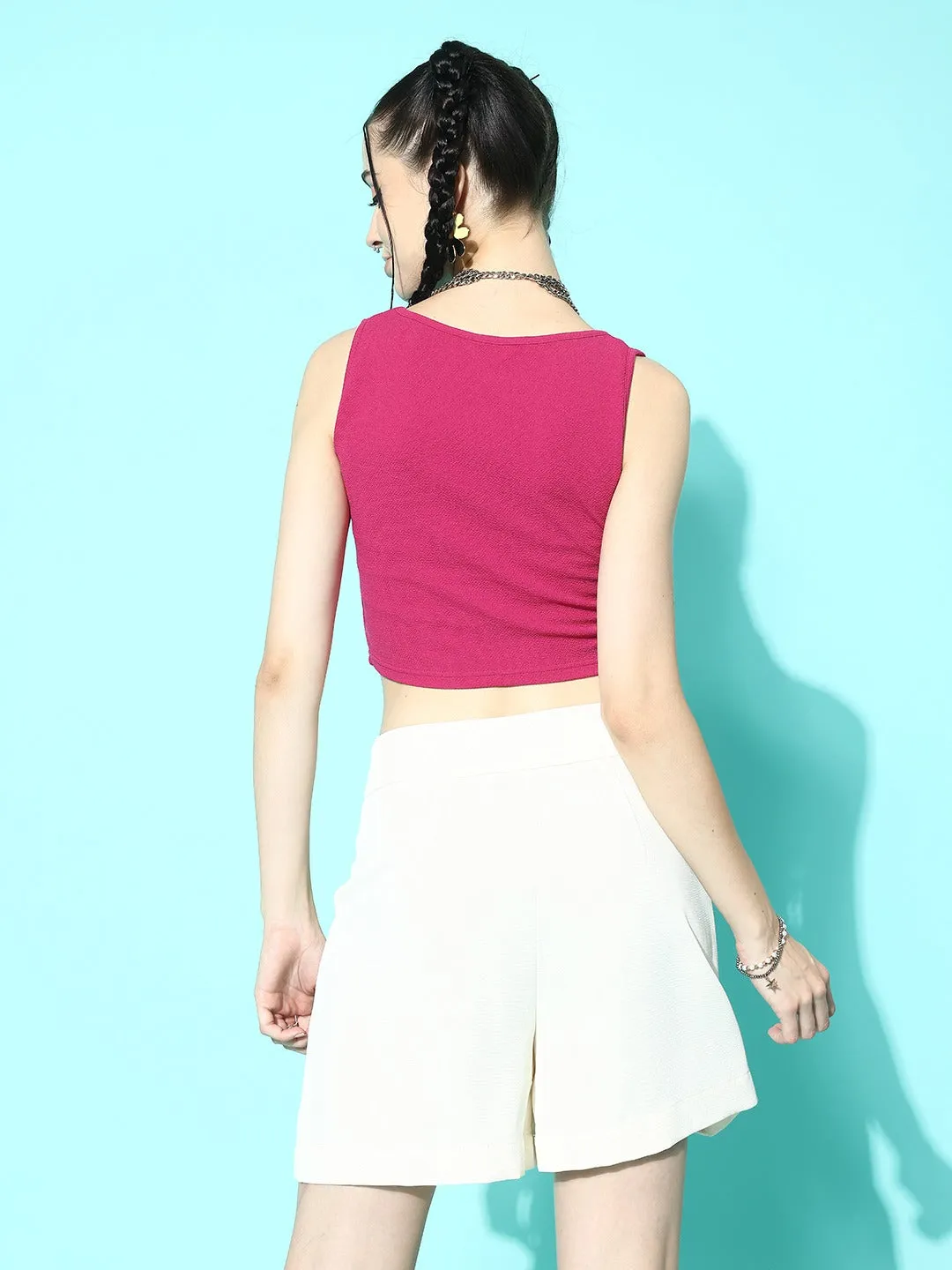 Berrylush Women Solid Pink Square Neck Sleeveless Cotton Hanky Hem Cropped Tank Top