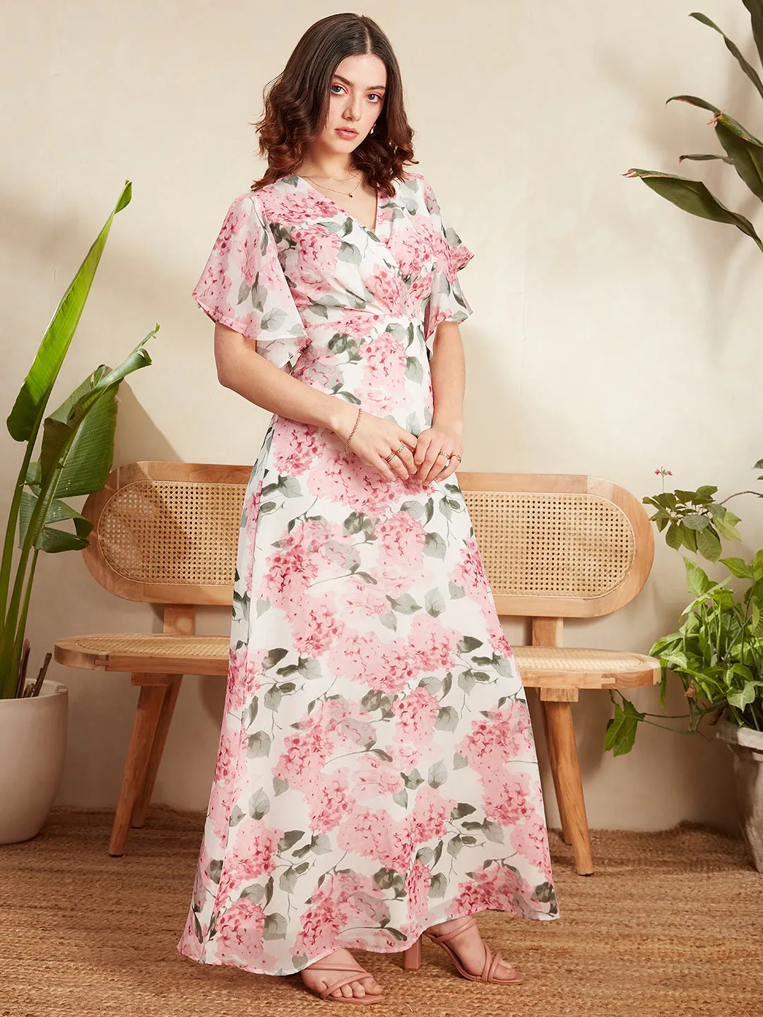 Berrylush Women White & Pink Floral Printed V-Neck Flutter Sleeve Pleated Maxi Dress