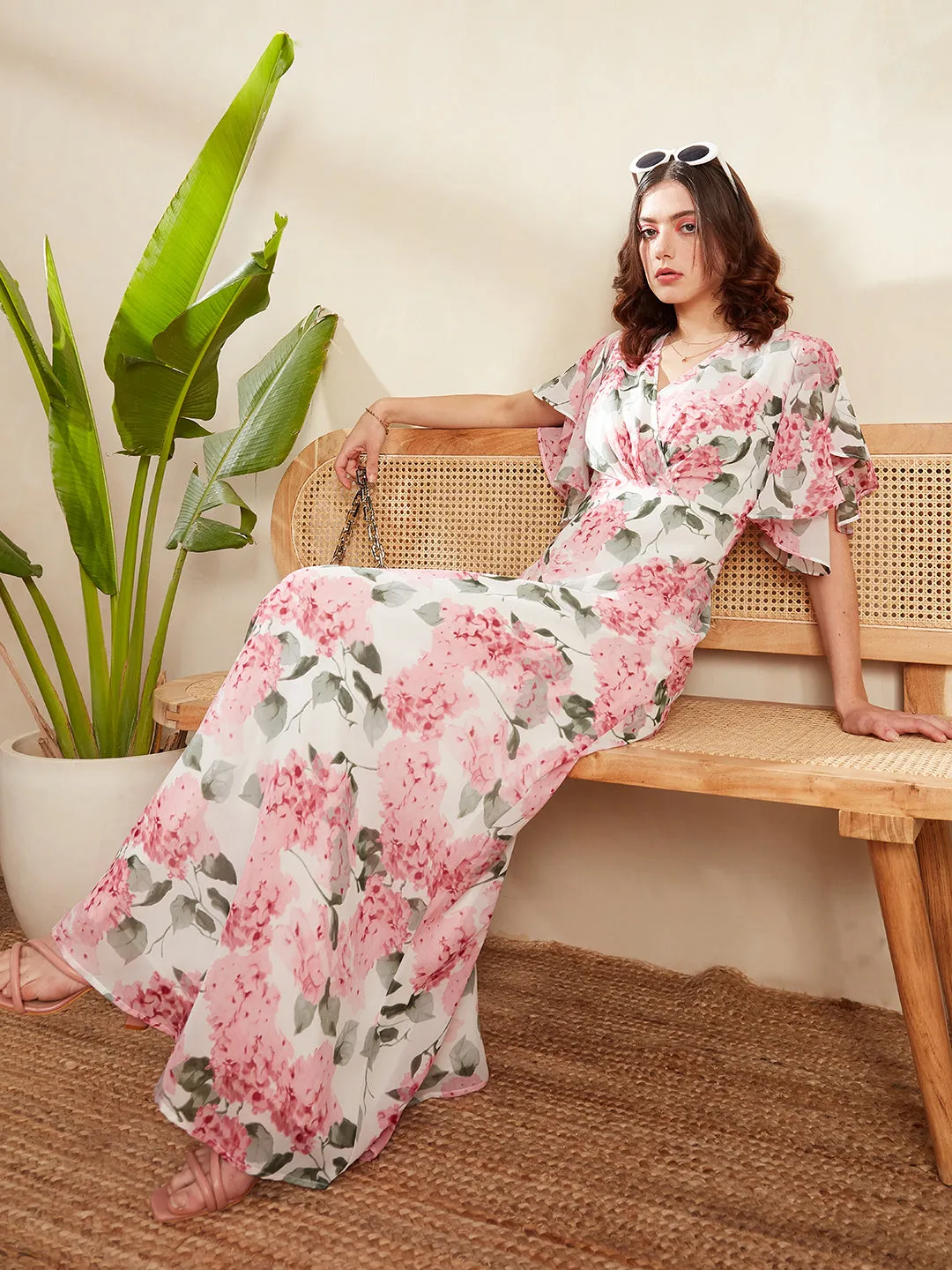 Berrylush Women White & Pink Floral Printed V-Neck Flutter Sleeve Pleated Maxi Dress