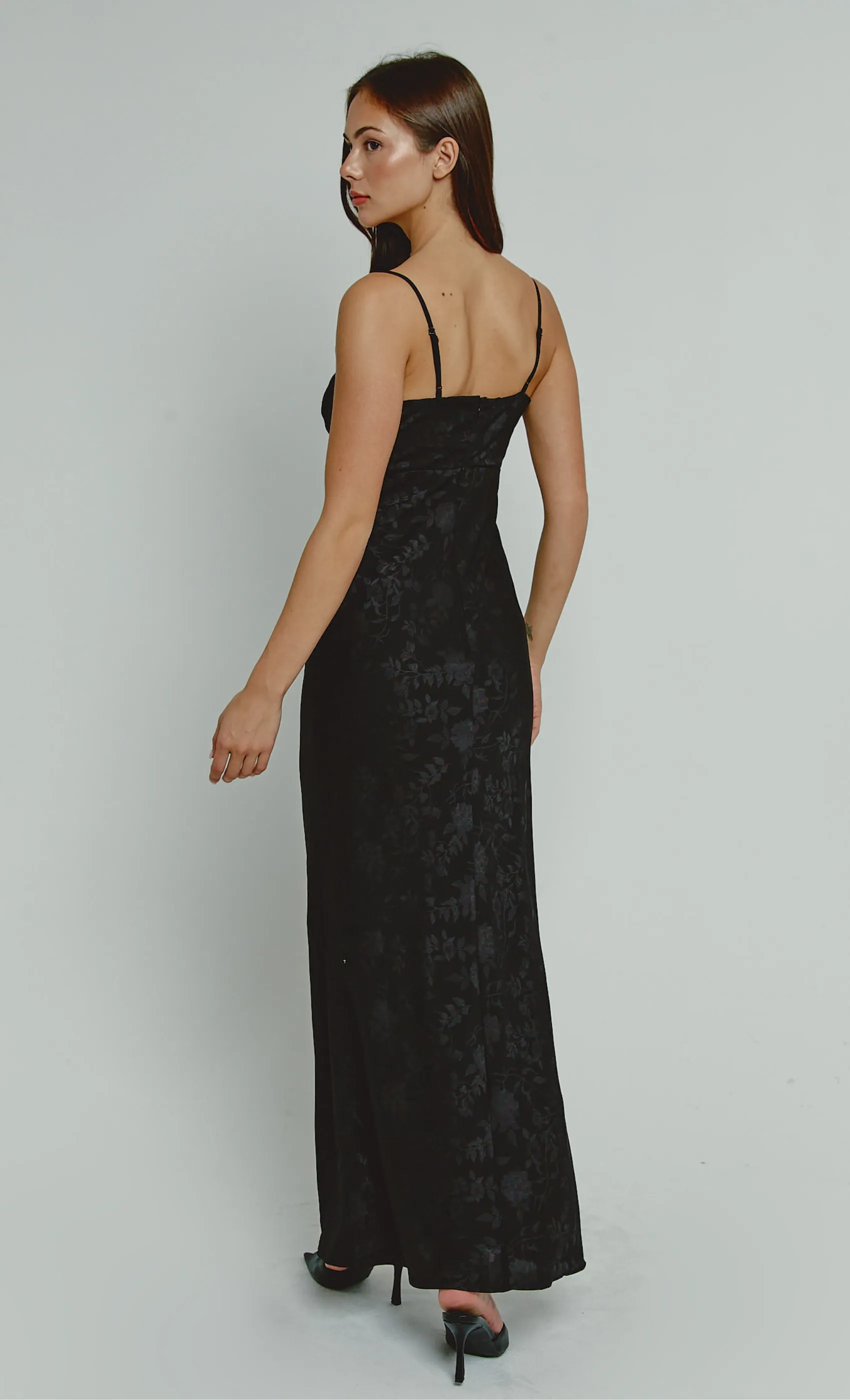Black Drawstring Satin Jacquard Dress