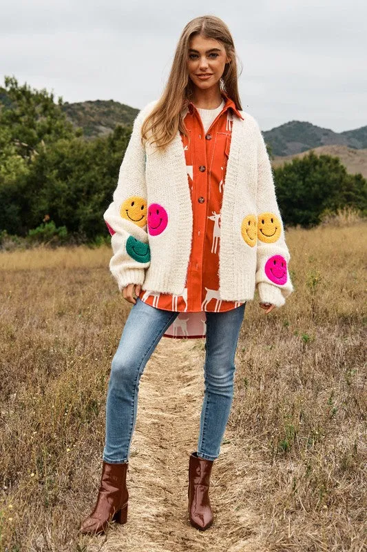 Bohemian Fuzzy Smile Long Bell Lantern Sleeve Knit Cardigan
