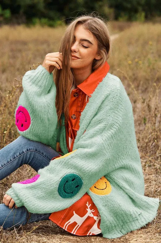 Bohemian Fuzzy Smile Long Bell Lantern Sleeve Knit Cardigan