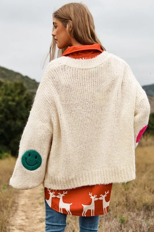 Bohemian Fuzzy Smile Long Bell Lantern Sleeve Knit Cardigan