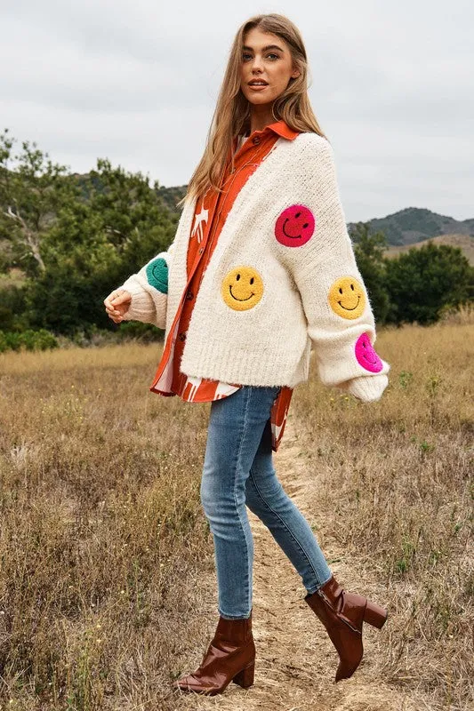 Bohemian Fuzzy Smile Long Bell Lantern Sleeve Knit Cardigan