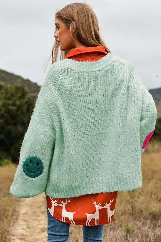 Bohemian Fuzzy Smile Long Bell Lantern Sleeve Knit Cardigan
