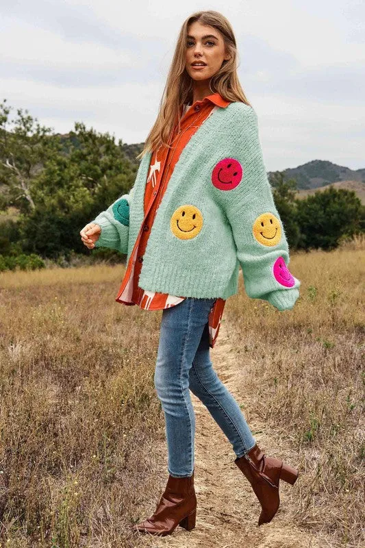 Bohemian Fuzzy Smile Long Bell Lantern Sleeve Knit Cardigan