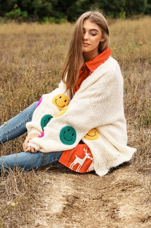 Bohemian Fuzzy Smile Long Bell Lantern Sleeve Knit Cardigan