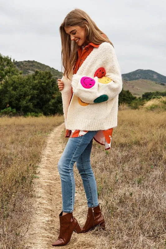 Bohemian Fuzzy Smile Long Bell Lantern Sleeve Knit Cardigan