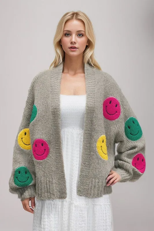Bohemian Fuzzy Smile Long Bell Lantern Sleeve Knit Cardigan