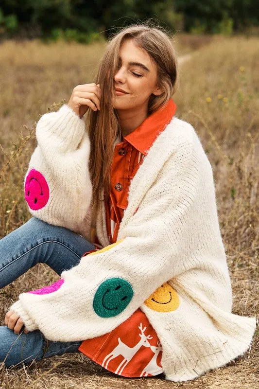 Bohemian Fuzzy Smile Long Bell Lantern Sleeve Knit Cardigan