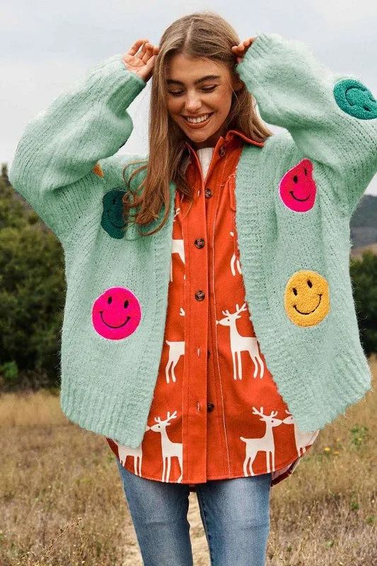 Bohemian Fuzzy Smile Long Bell Lantern Sleeve Knit Cardigan