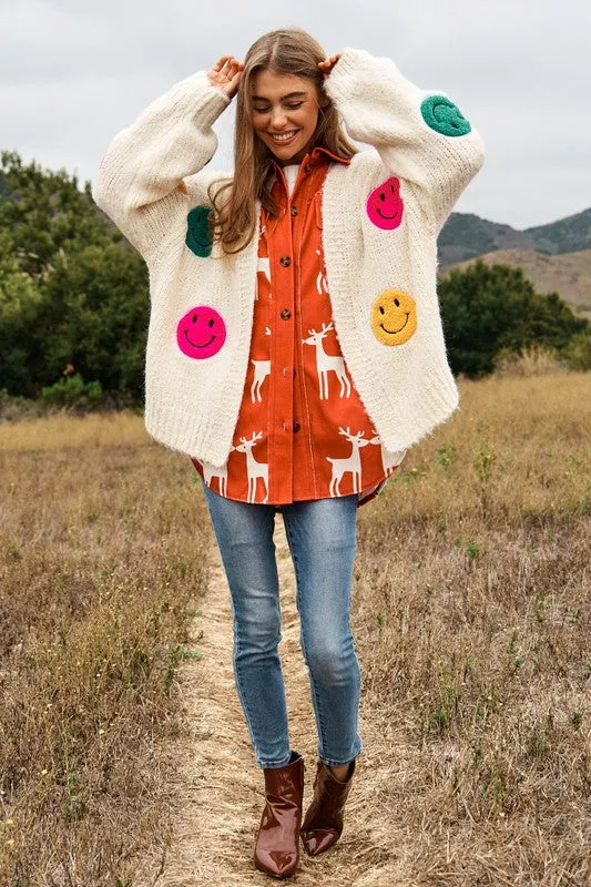 Bohemian Fuzzy Smile Long Bell Lantern Sleeve Knit Cardigan