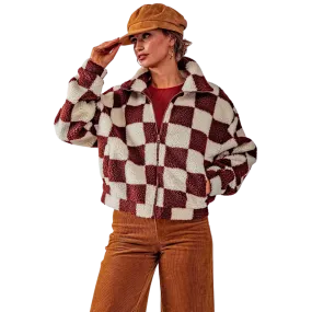 Checkered Sherpa Zip Up Jacket - Brown/Cream