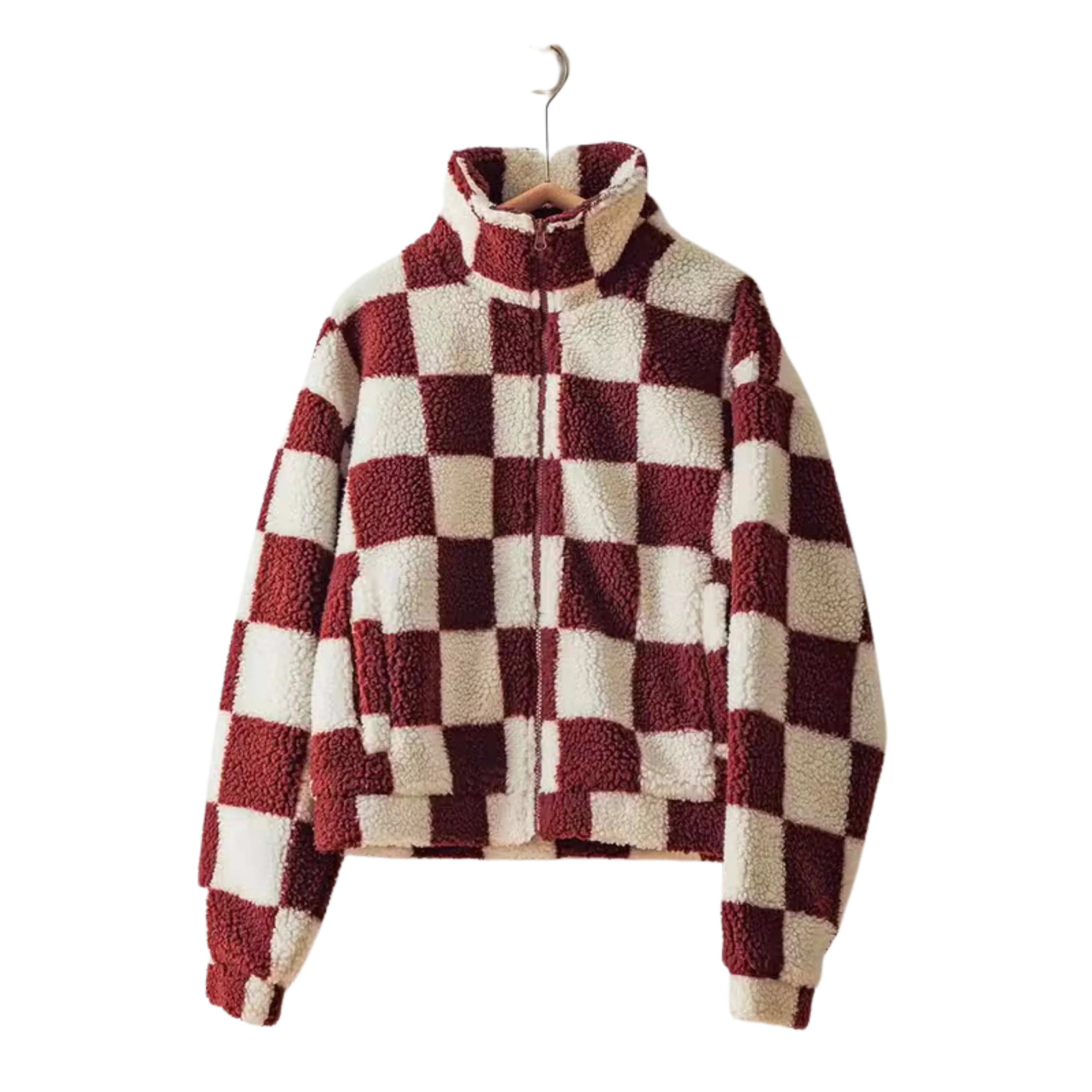 Checkered Sherpa Zip Up Jacket - Brown/Cream