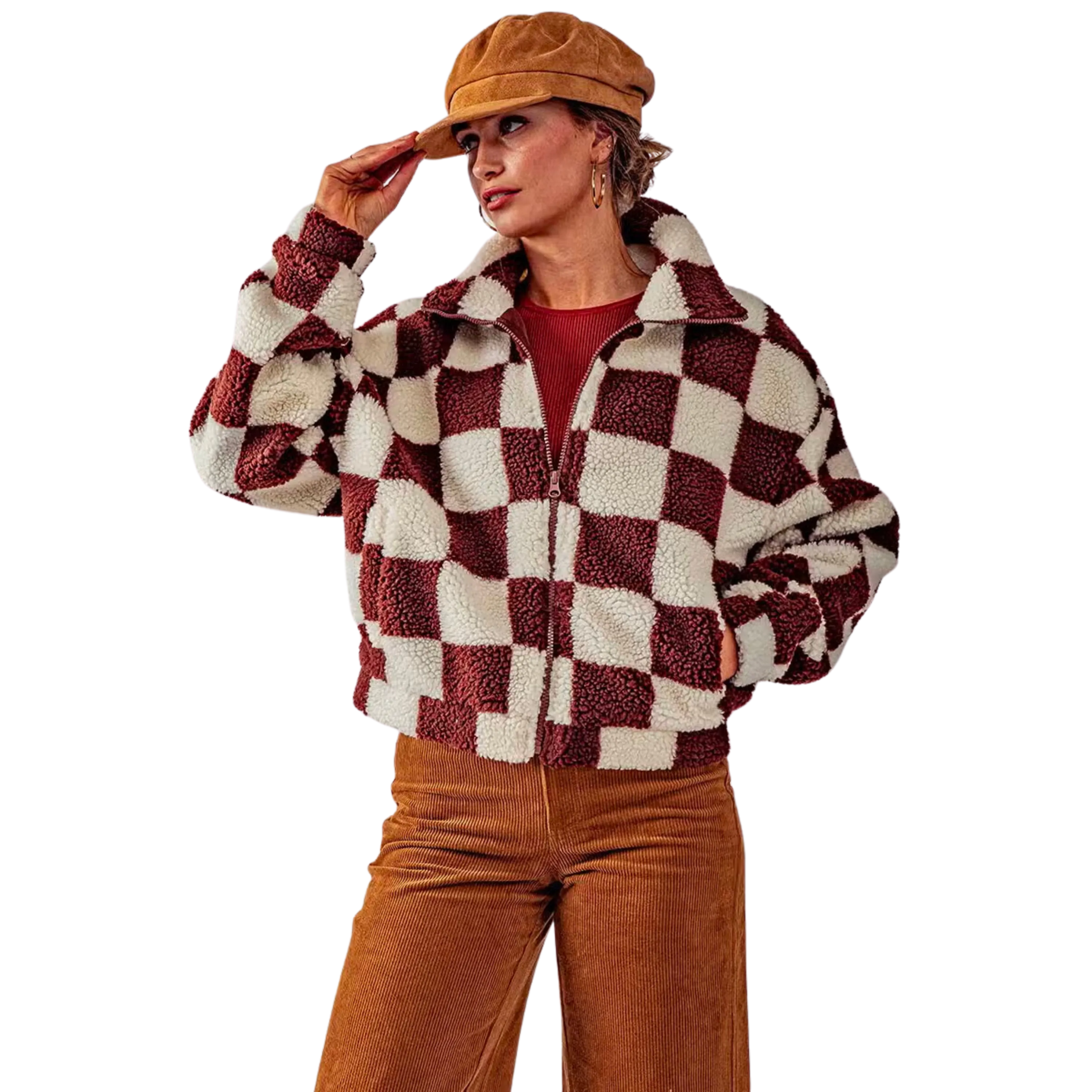 Checkered Sherpa Zip Up Jacket - Brown/Cream