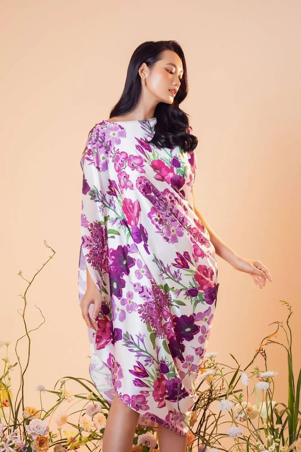 Clancy Asymmetric Boat Neck Silk Midi Dress