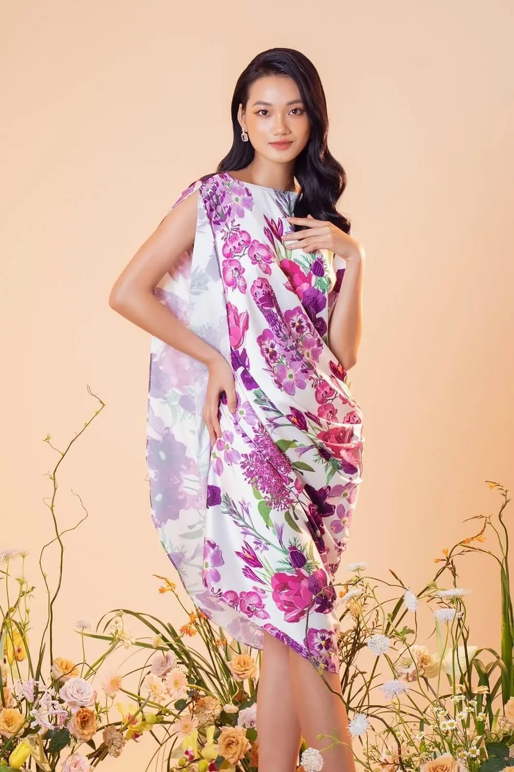 Clancy Asymmetric Boat Neck Silk Midi Dress