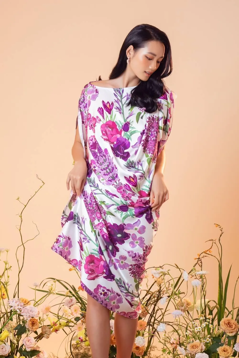 Clancy Asymmetric Boat Neck Silk Midi Dress