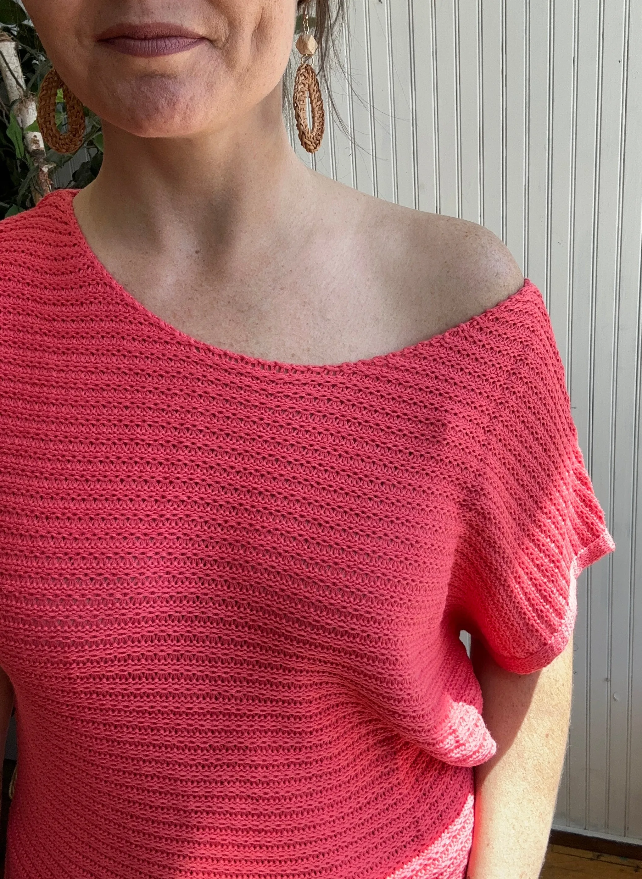 Coral Knit Slouchy Short Sleeve Sweater