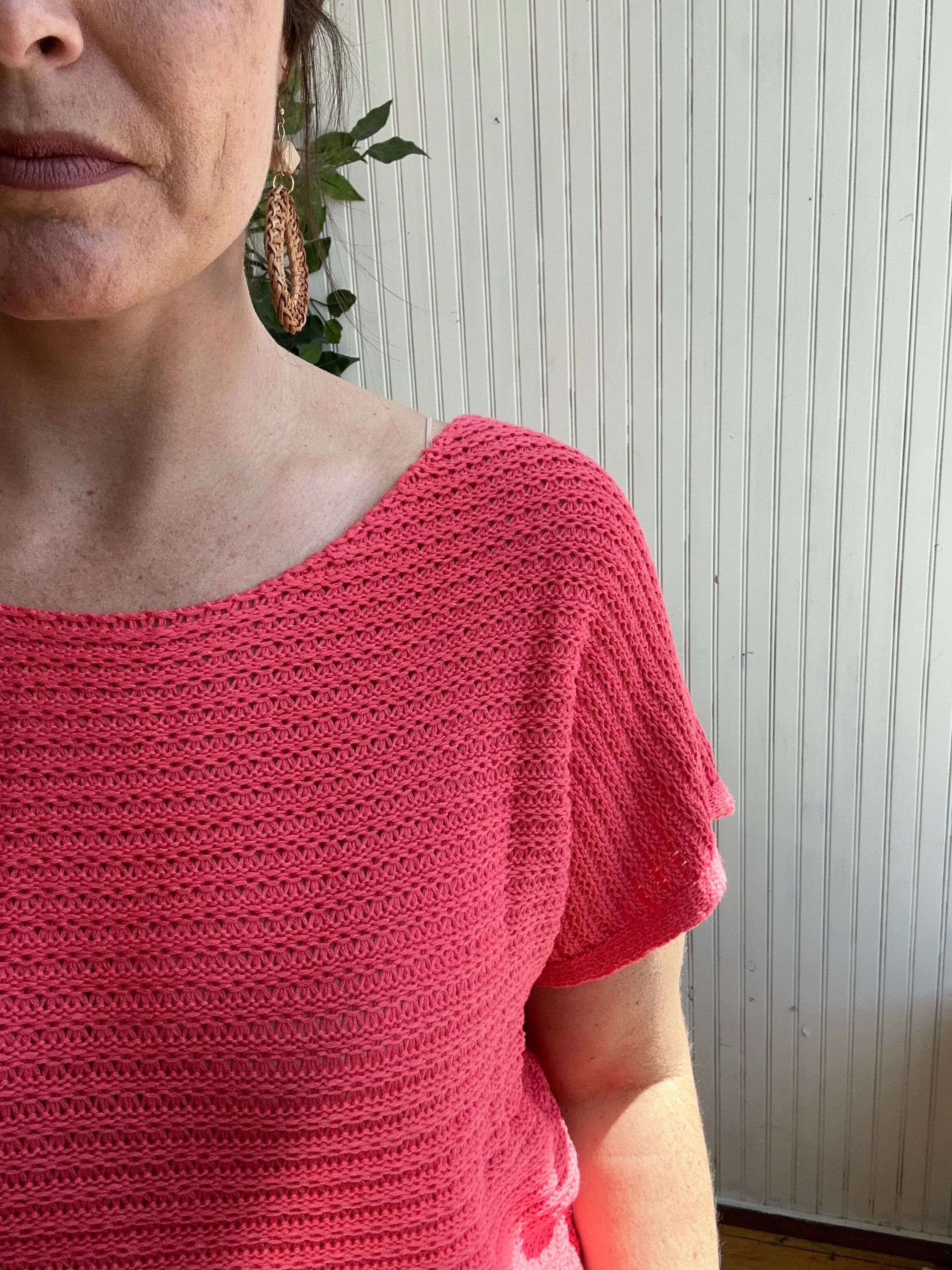 Coral Knit Slouchy Short Sleeve Sweater