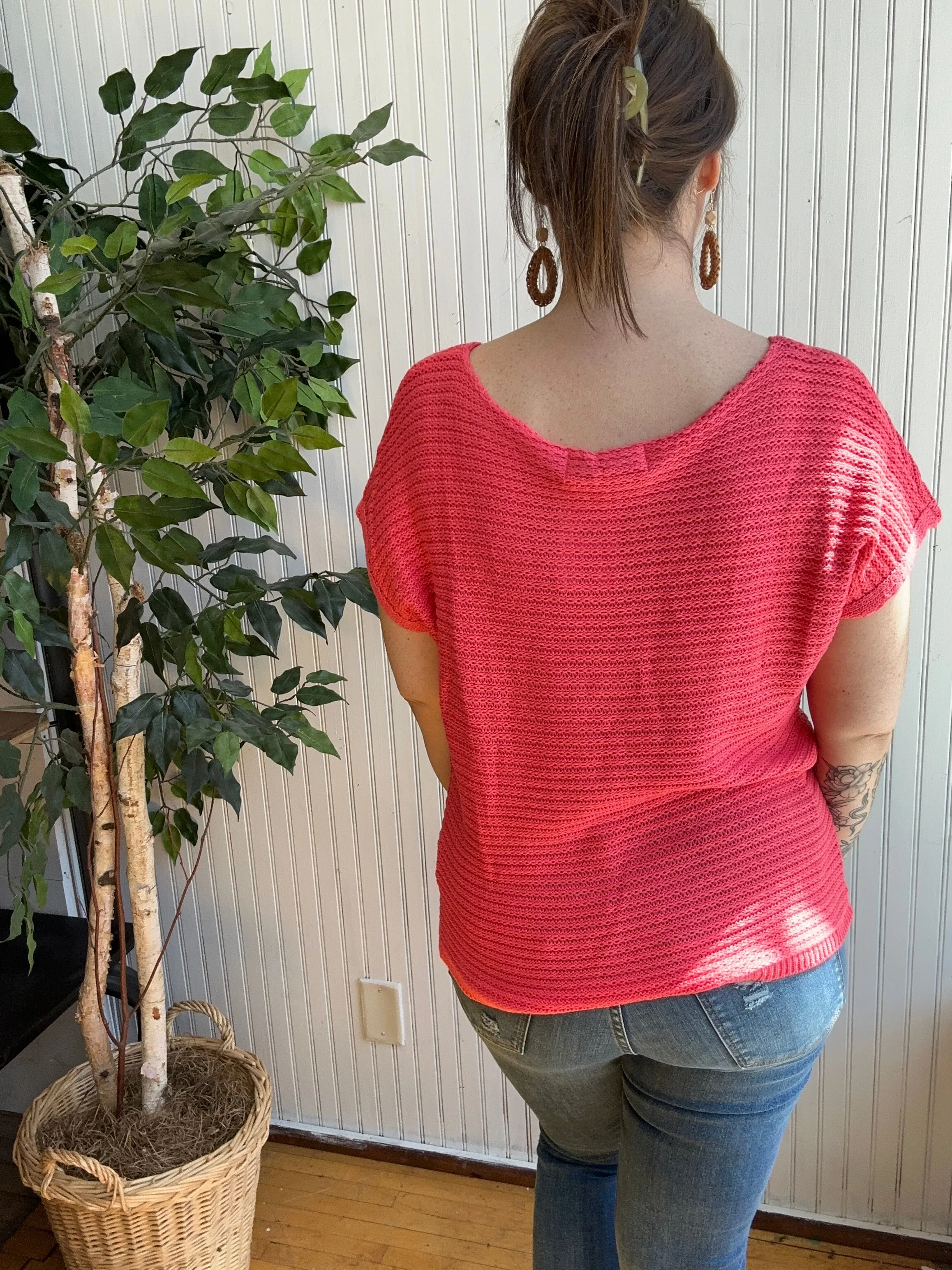 Coral Knit Slouchy Short Sleeve Sweater