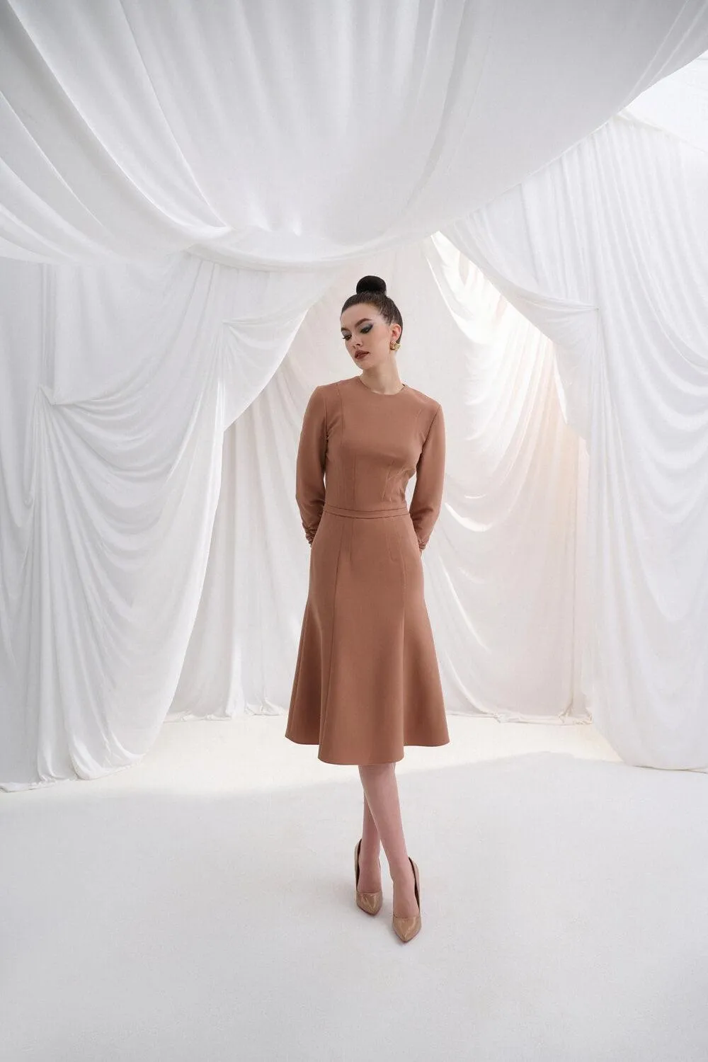 Cresila Fit and Flare Round Neck Twill Midi Dress