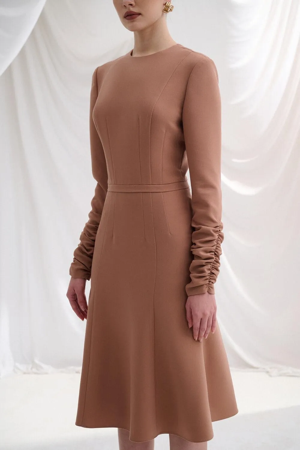 Cresila Fit and Flare Round Neck Twill Midi Dress