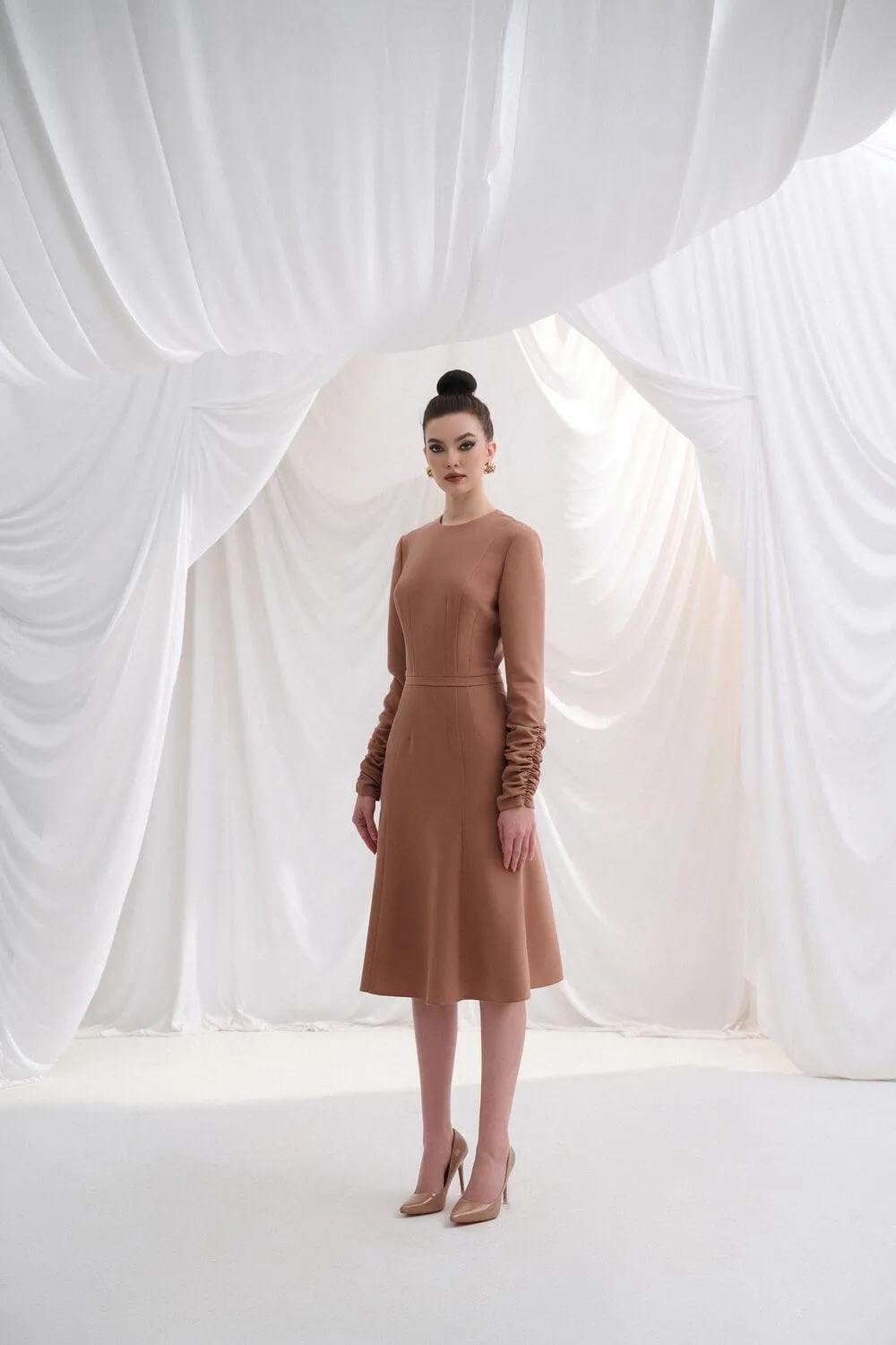 Cresila Fit and Flare Round Neck Twill Midi Dress