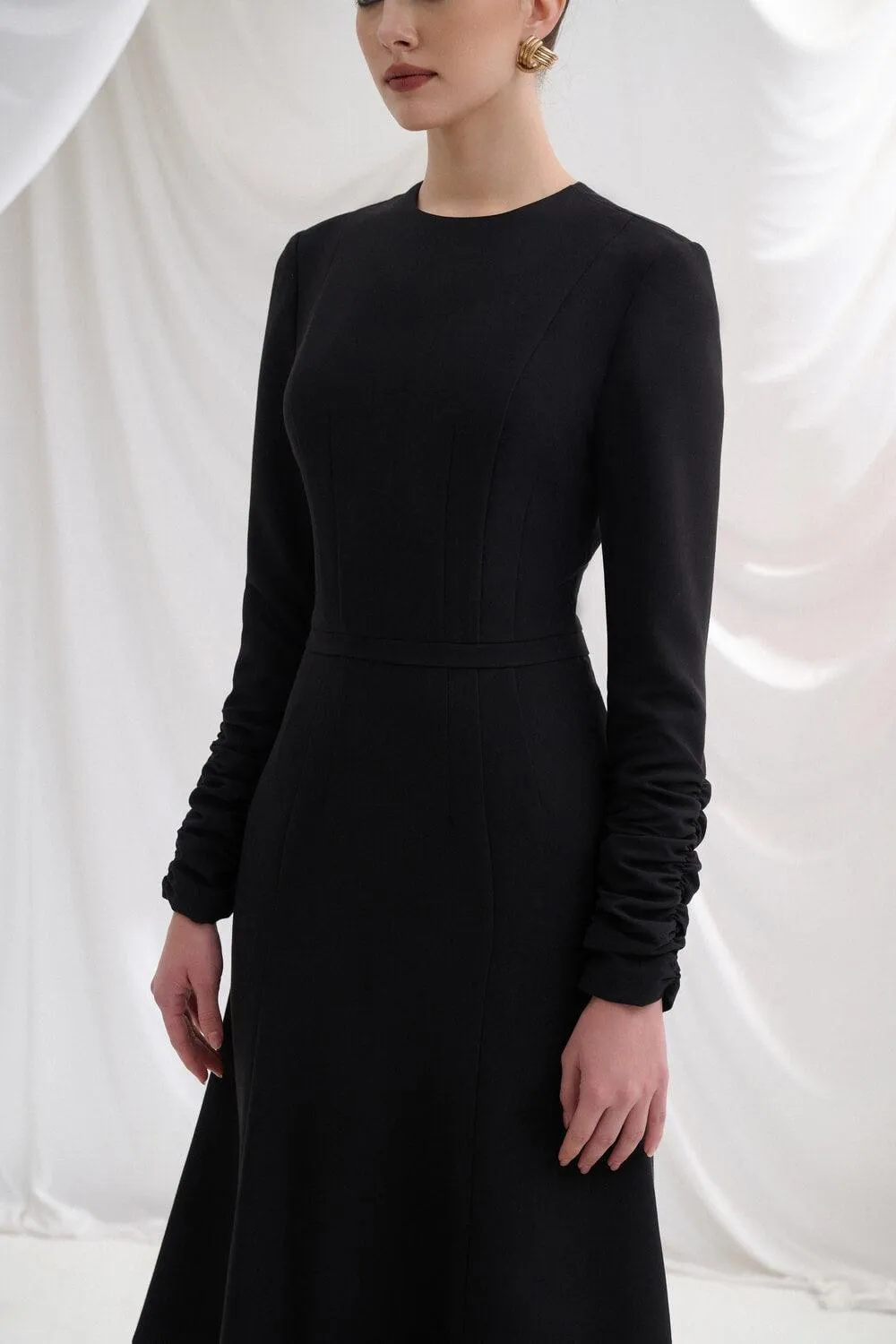 Cresila Fit and Flare Round Neck Twill Midi Dress