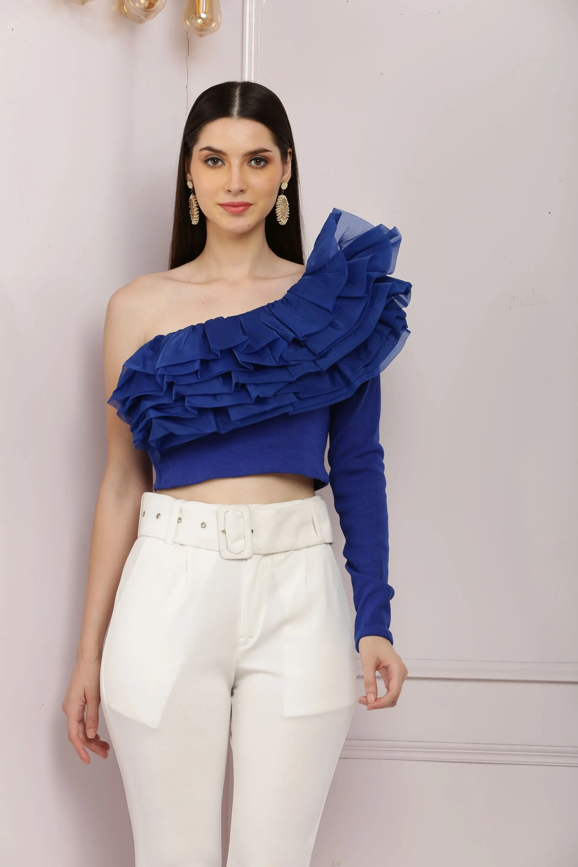 Fabulous One Shoulder Ribbed Top With Organza Trim