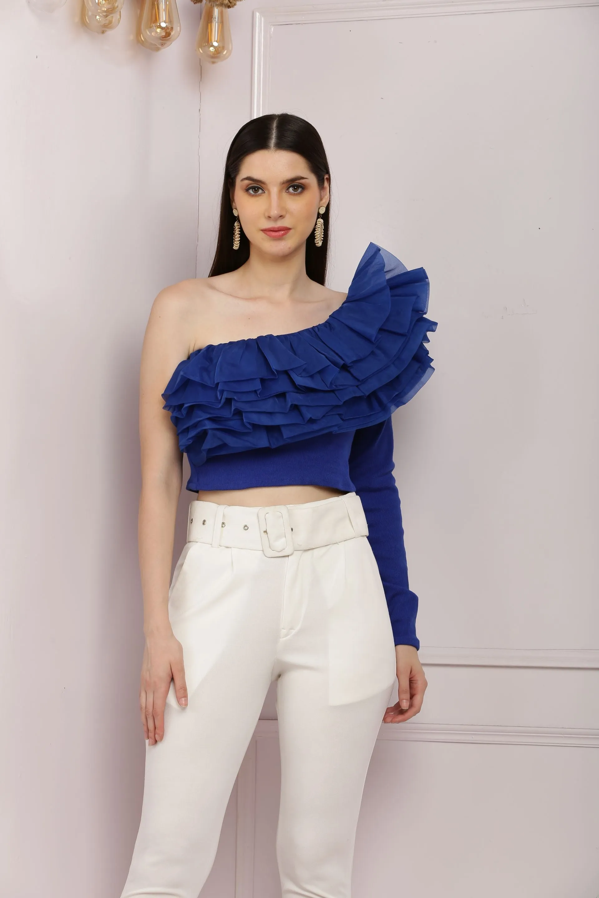 Fabulous One Shoulder Ribbed Top With Organza Trim