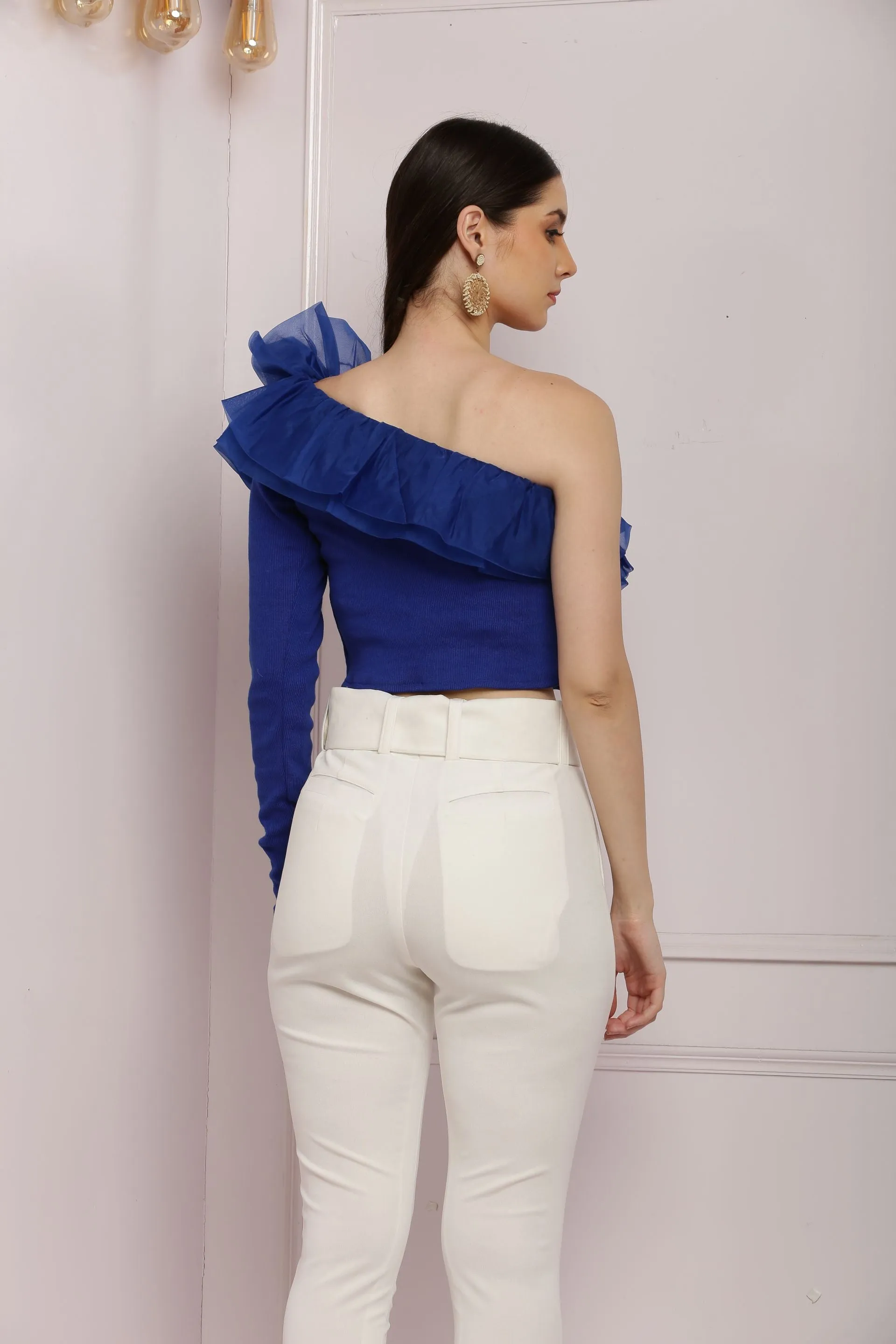 Fabulous One Shoulder Ribbed Top With Organza Trim