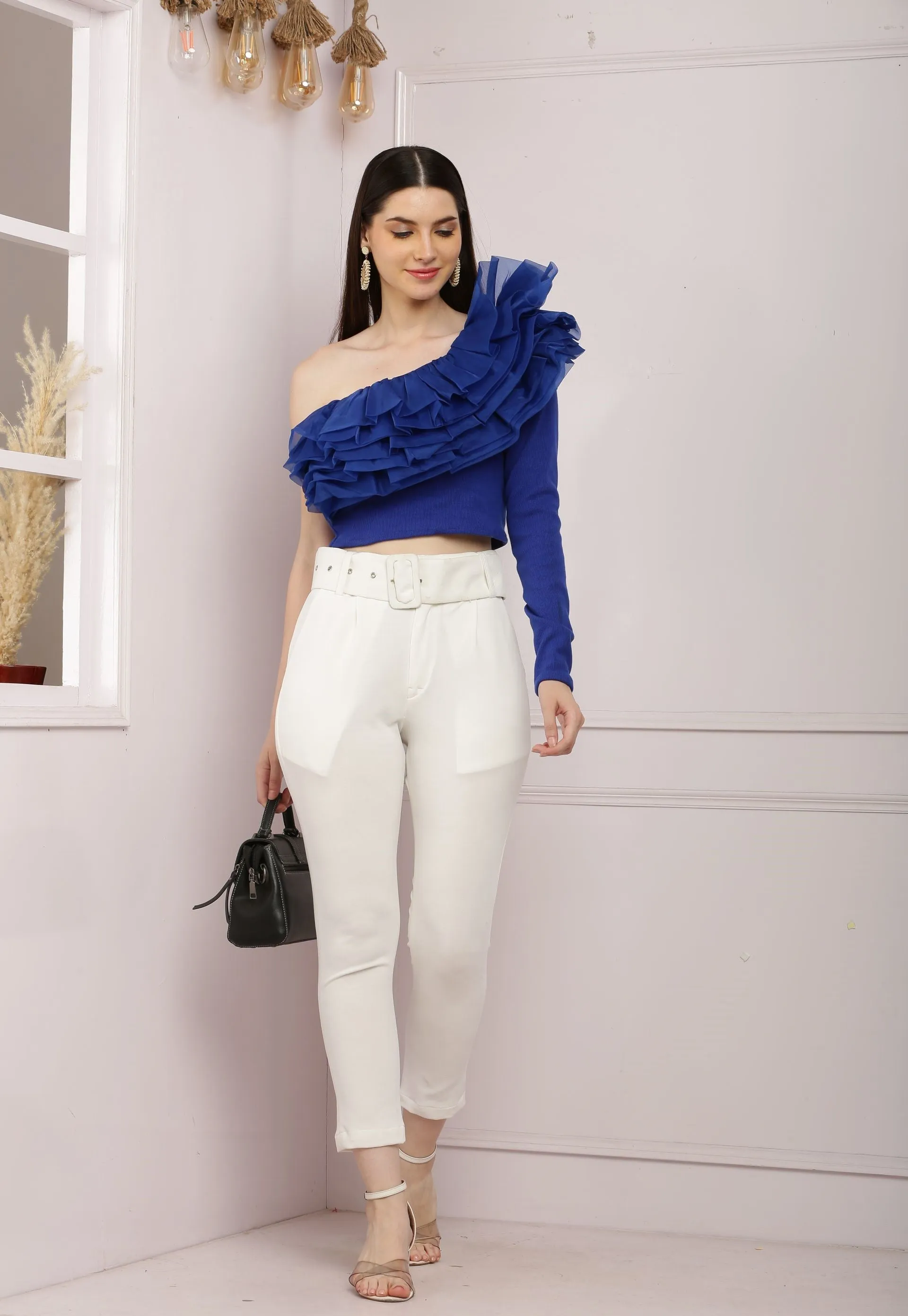 Fabulous One Shoulder Ribbed Top With Organza Trim