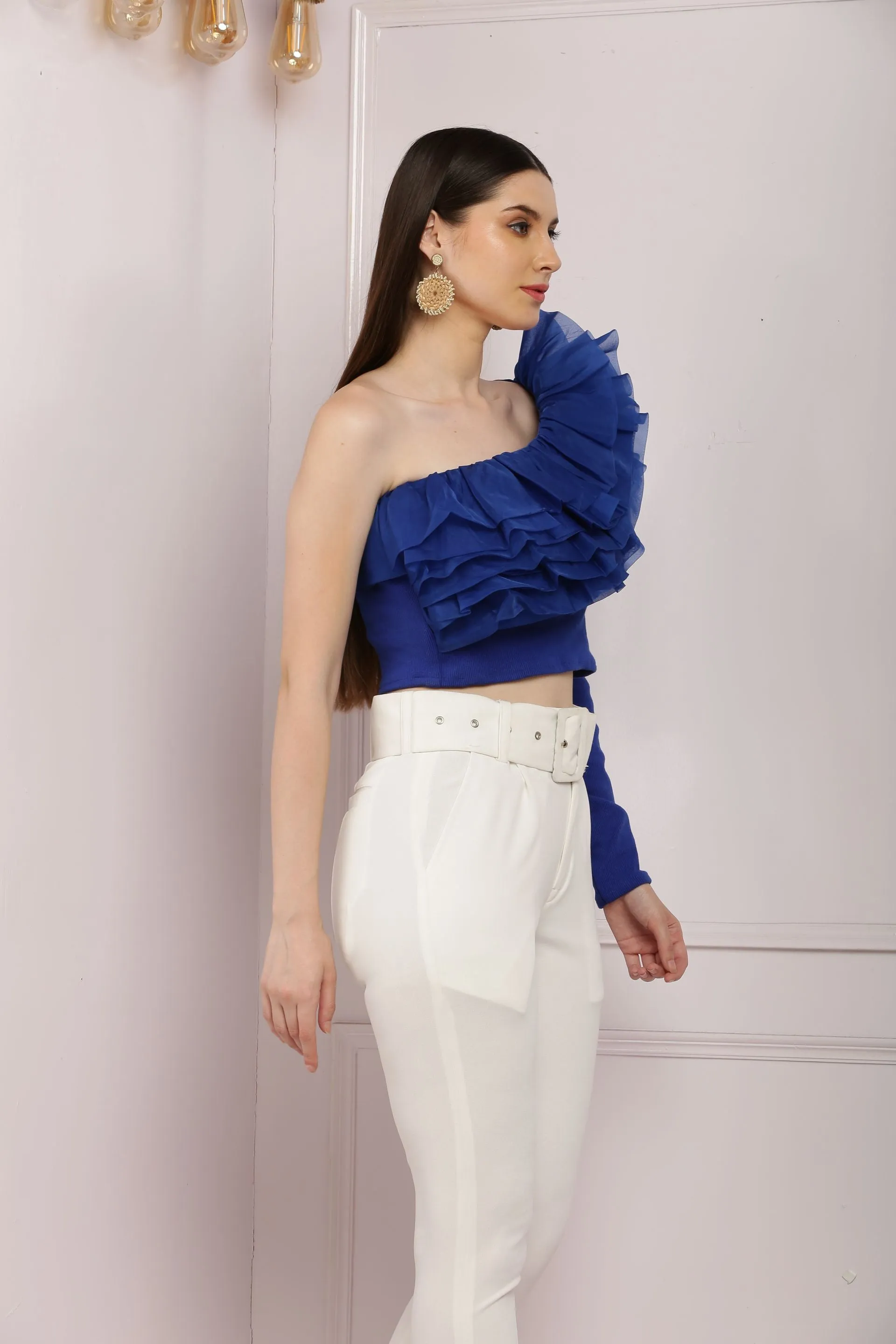 Fabulous One Shoulder Ribbed Top With Organza Trim