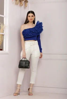 Fabulous One Shoulder Ribbed Top With Organza Trim