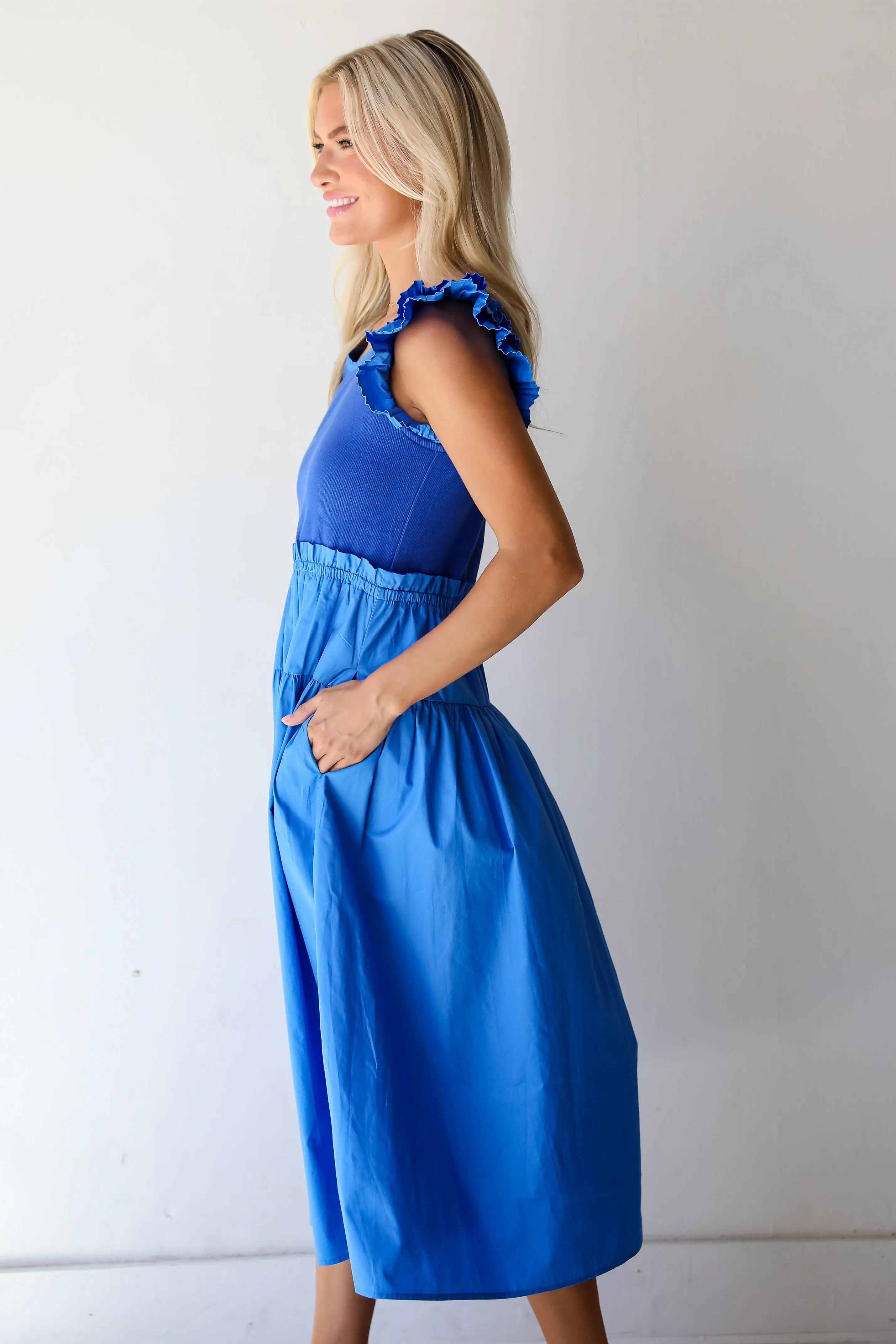 FINAL SALE - Exceedingly Dreamy Blue Contrast Ruffle Midi Dress