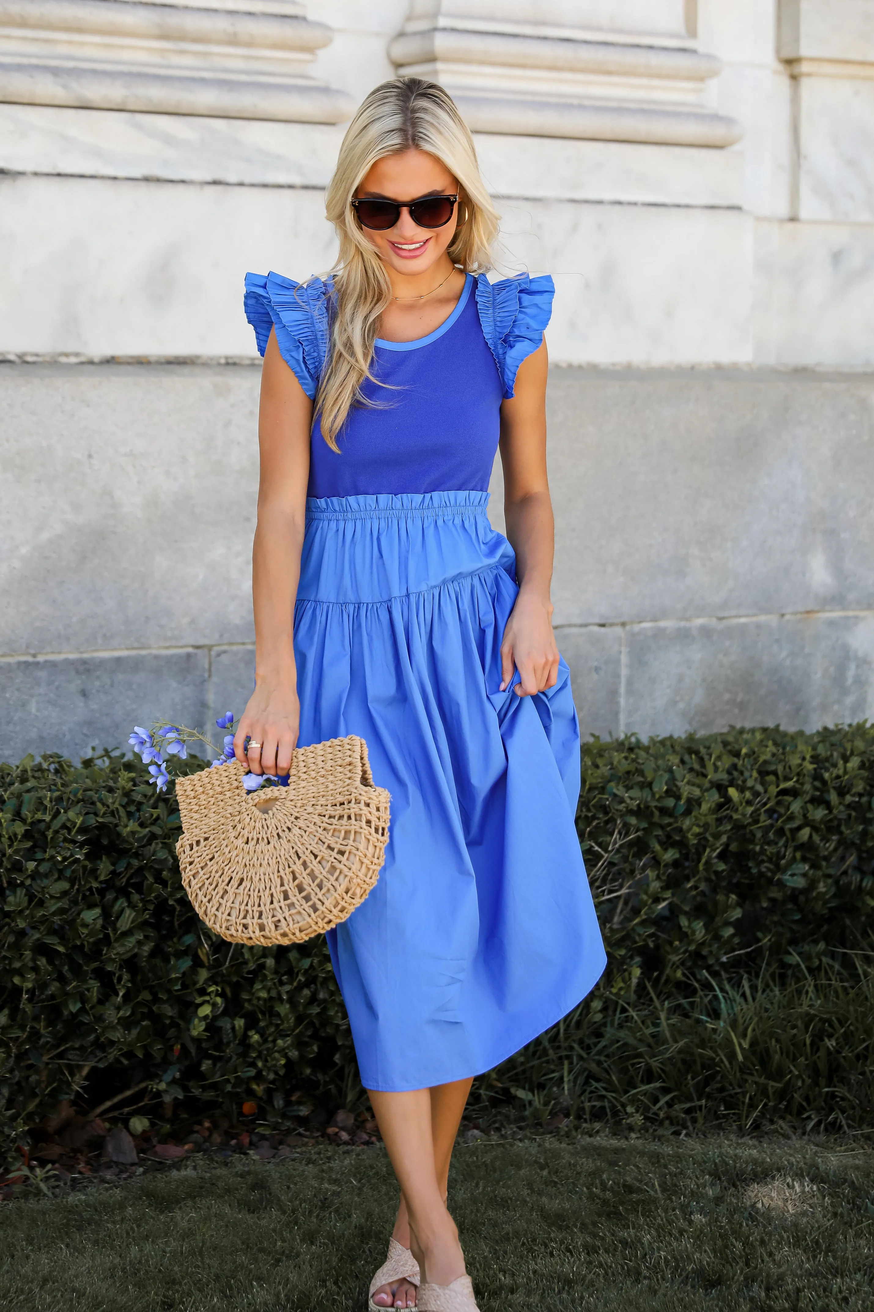 FINAL SALE - Exceedingly Dreamy Blue Contrast Ruffle Midi Dress